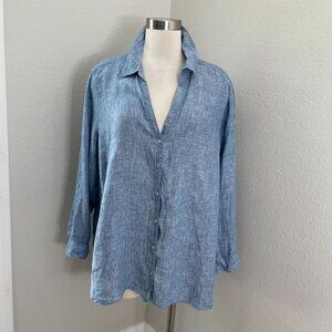 Sigrid Olsen Womens Plus 2X Blue‎ 100% Linen Button Up Shirt Roll Tab Sleeve Top